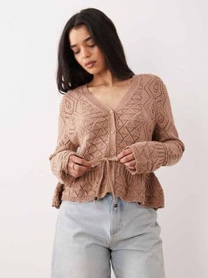 Miss Selfridge mixed crochet v-neck peplum hem cardigan