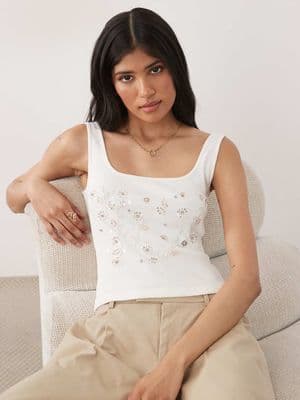 Miss Selfridge embellished rib knit square neck top