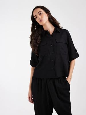 AWARE linen blend sleeve detail safari shirt