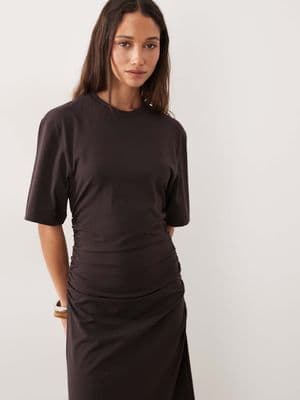 & Other Stories ruched asymmetric hem jersey midi dress