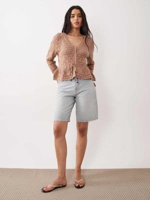 Miss Selfridge mixed crochet v-neck peplum hem cardigan