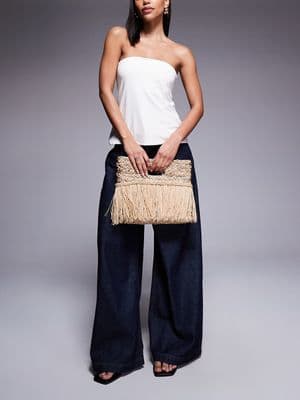 South Beach straw fringed clutch bag