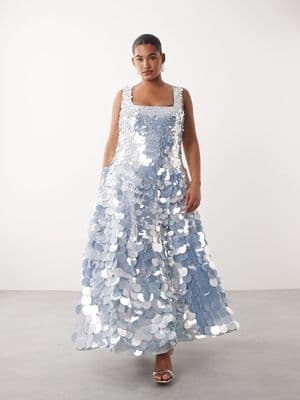 ARRANGE Curve embellished disc sequin square neck full skirt midi dress