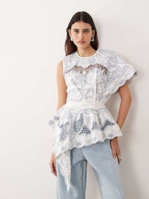 ARRANGE cut work floral one shoulder top
