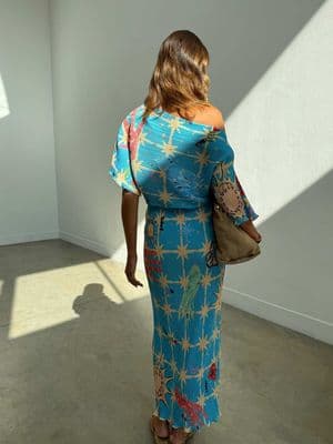 Never Fully Dressed Tilly off shoulder plisse maxi dress