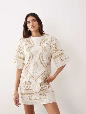 ARRANGE cutwork embroidered mini dress