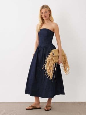 Mango 100% cotton denim off the shoulder midaxi dress