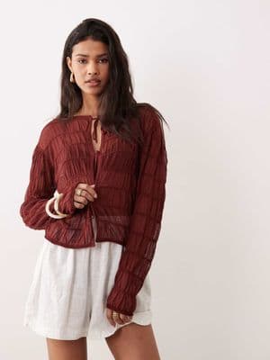 Miss Selfridge shirred tie front sheer knit cardigan