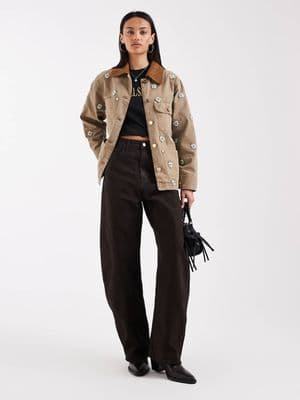 AllSaints bex floral embroidered corduroy collar denim jacket
