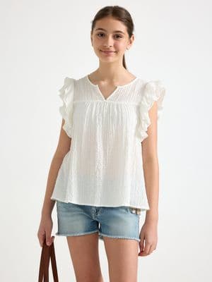 Sleeveless blouse with flounce
