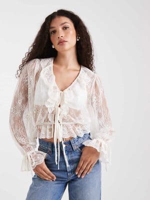Miss Selfridge lace tie front ruffle blouse