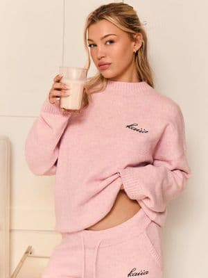 Kaiia knit embroidered logo drop shoulder crew neck sweater